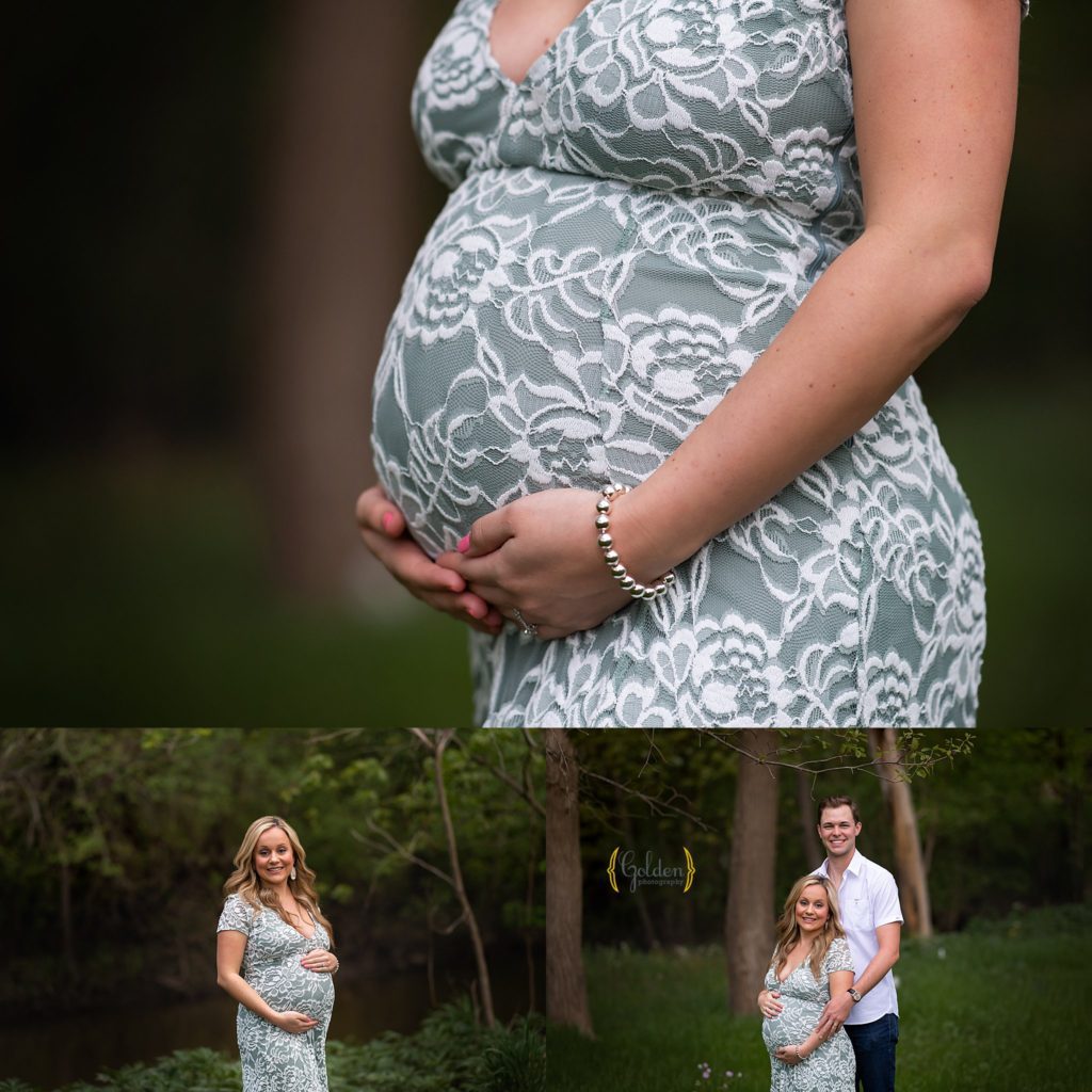 mom and husband holding pregnant belly in a forest near Arlington Heights IL