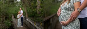 hands holding pregnant belly on a bridge