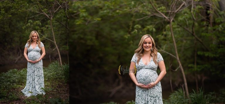 smiling mom holding pregnant belly during maternity photography session in Arlington Heights IL