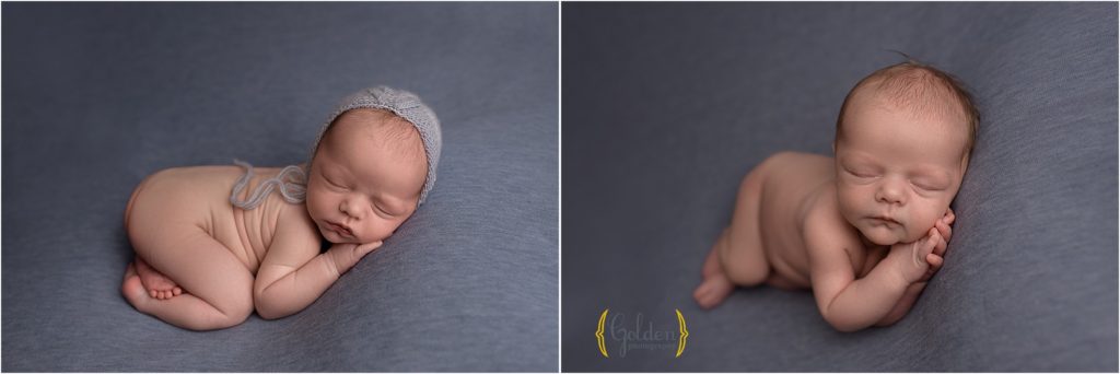 sleeping baby boy wearing blue bonnet in Lake Zurich photo session