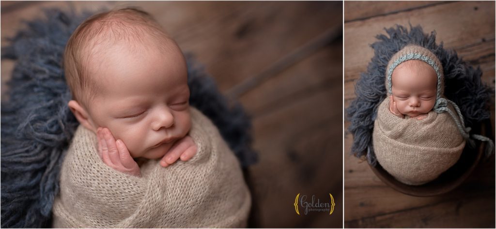 baby boy wrapped in tan cloth in a bucket in Illinois photography studio