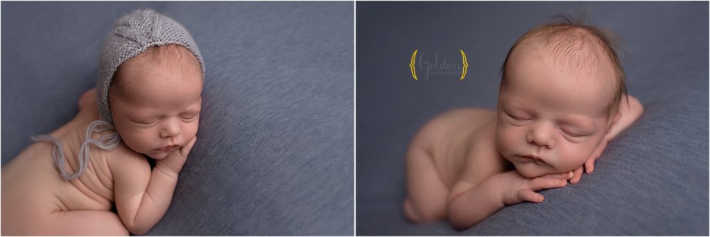 sleeping baby posed on blue fabric for newborn photos