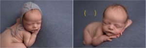 sleeping baby posed on blue fabric for newborn photos
