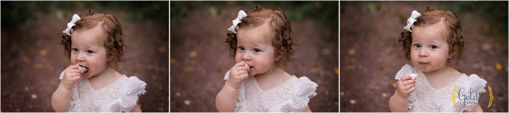girl eating smashed cake near Lake Zurich IL