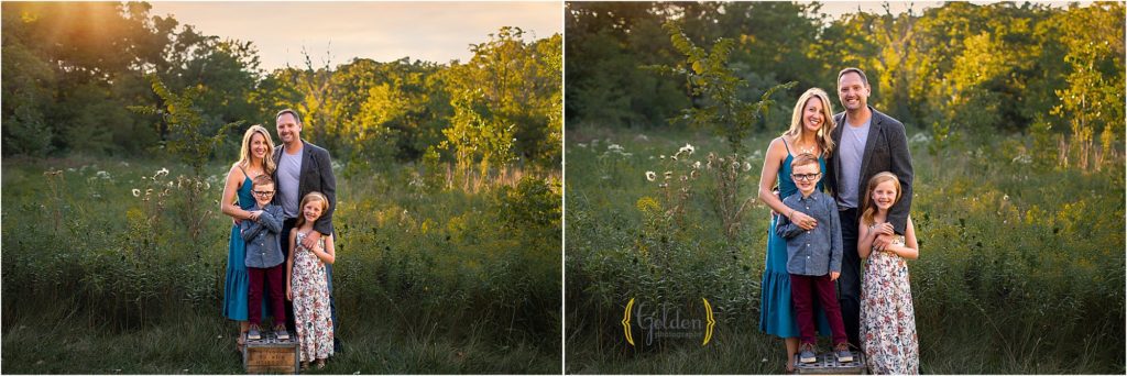 family of four posing for outdoor photos in Long Grove IL