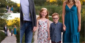 family walking and posing for family photos on a trail in Long Grove IL