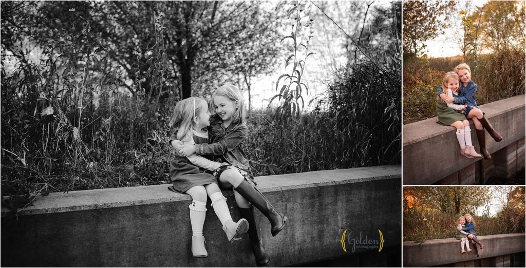 sister hugging near a lake in Barrington IL