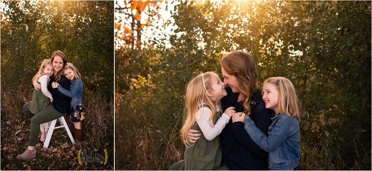 mom hugging two young daughters for family photos in Lake County IL