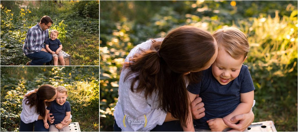 mom snuggling son during family photos in Long Grove
