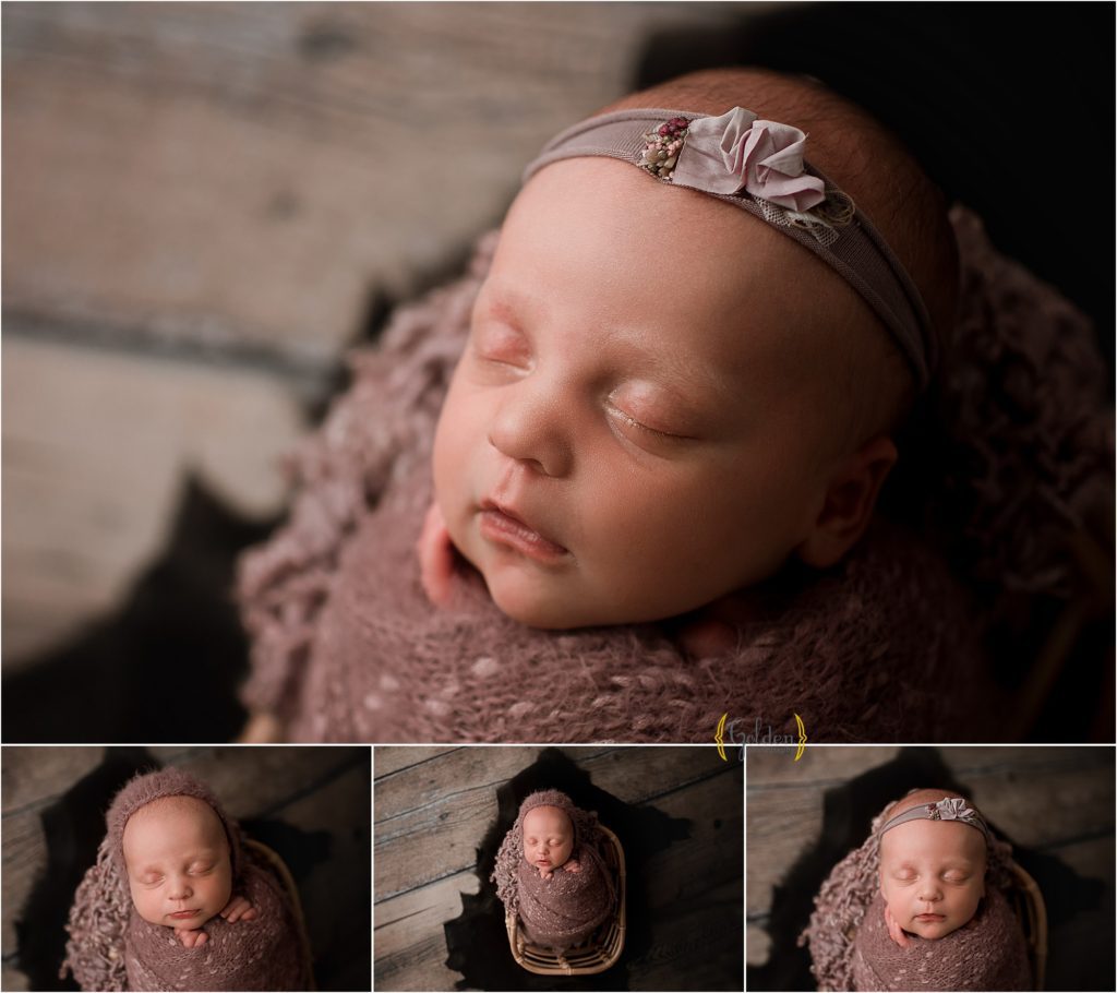 swaddled baby girl in a basket during newborn photography session