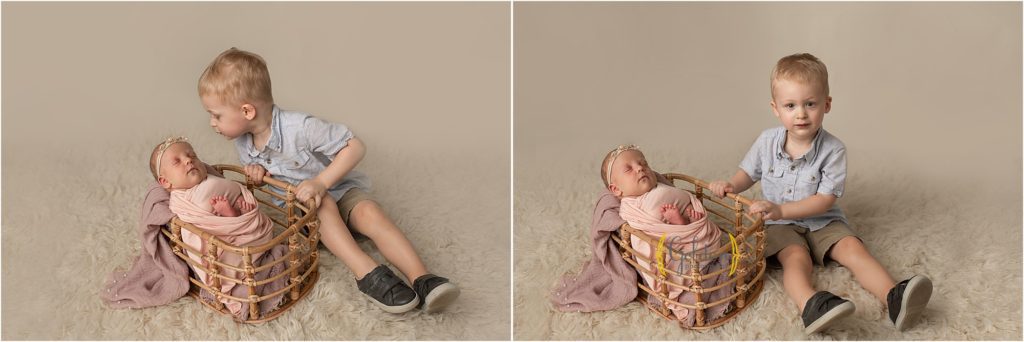 big brother with newborn baby sister in Lake Zurich newborn photography studio