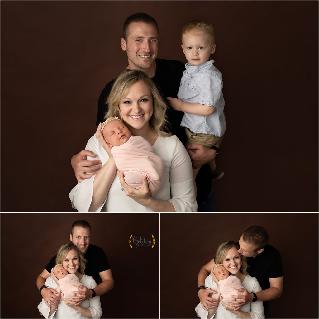 family holding newborn baby girl in Lake Zurich IL studio