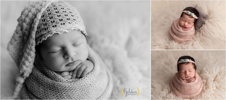 pink swaddled baby girl on furry rug for newborn photography near Crystal Lake IL