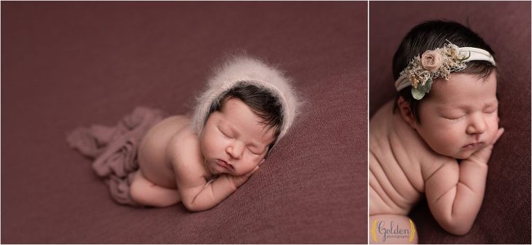 baby girl wearing angora bonnet during newborn photography session