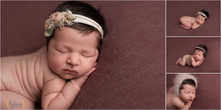baby girl asleep on mauve fabric for newborn photography session