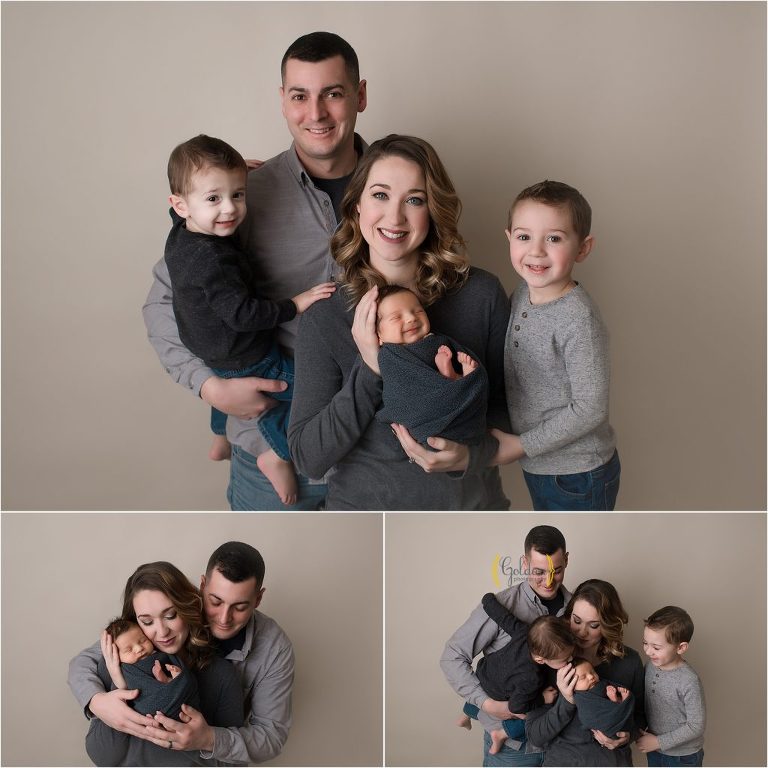 family of 5 with newborn baby in photo studio near Lake Bluff IL