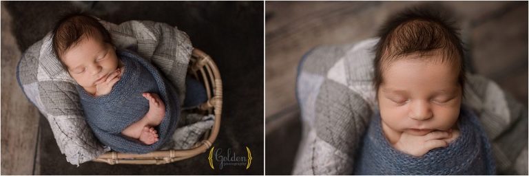 baby boy sleeping in a quilt and basket in Lake Bluff IL studio
