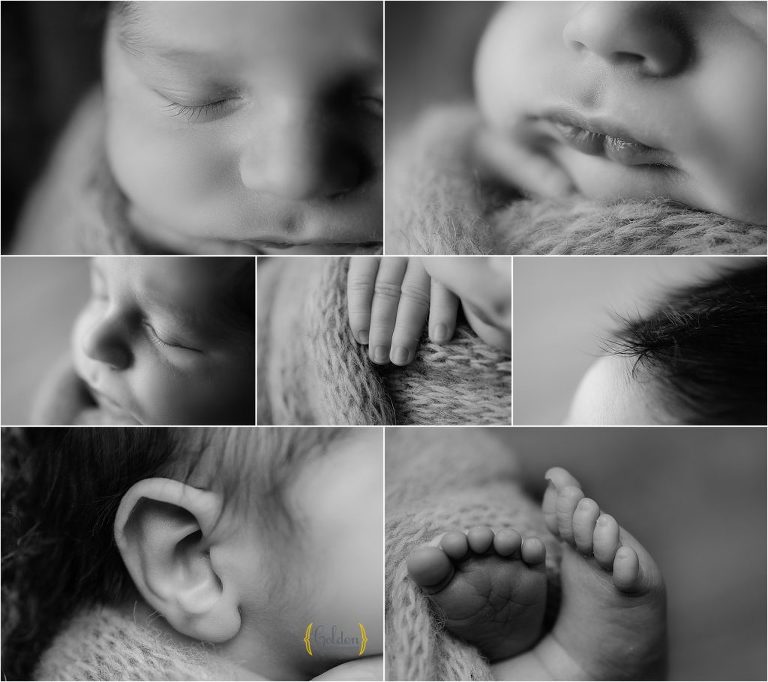 black and white photos of newborn details during photography session