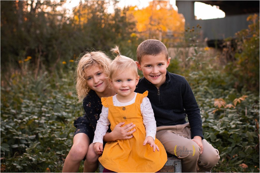 siblings sitting in downtown Long Grove IL during family photo session