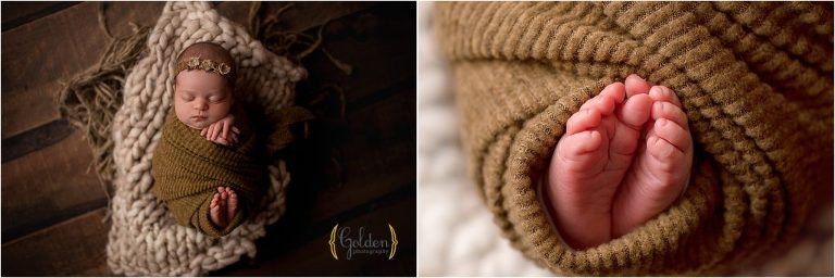 baby girl toes wrapped in mustard fabric in Barrington IL photo studio