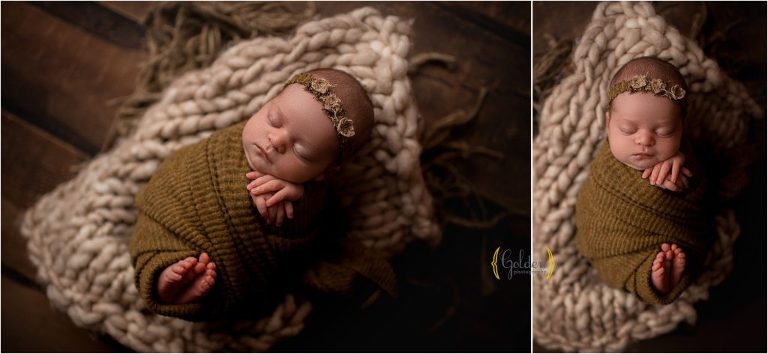 baby swaddled with tie sticking out in photography studio near Arlington Heights IL