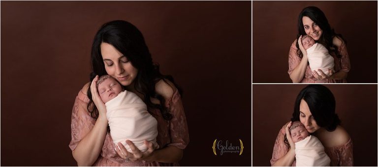 mom holding baby during newborn photo session in Lake Zurich IL