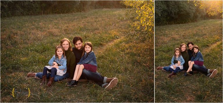 family sitting on ground for photography in Schaumburg IL forest preserve