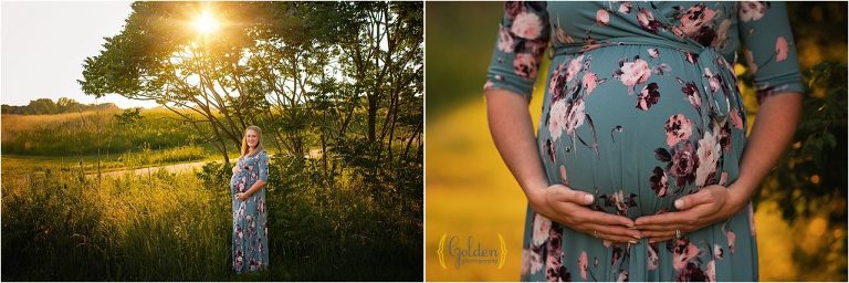 pregnant mom holding her belly for outdoors photos in Palatine IL