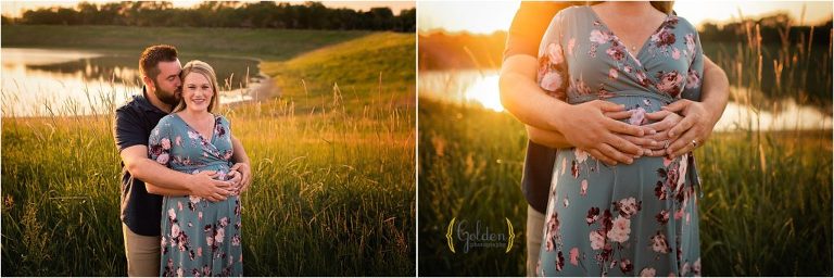 couple holding pregnant belly for photography session outdoors