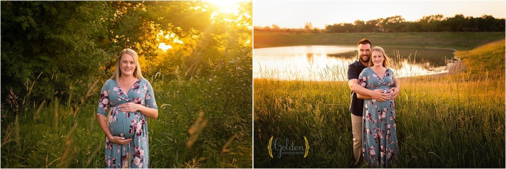 couple in Palatine IL park holding pregnant belly