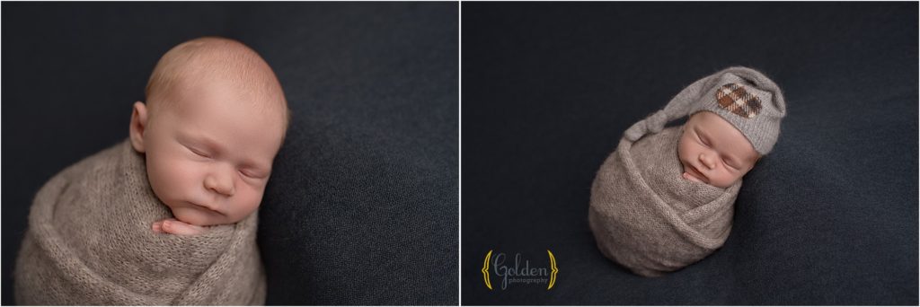 baby boy swaddled on blue fabric for portrait