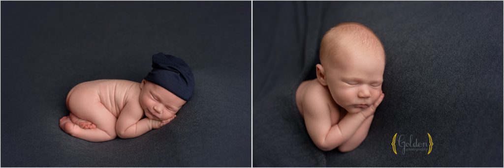 newborn baby asleep on blue fabric for newborn portraits