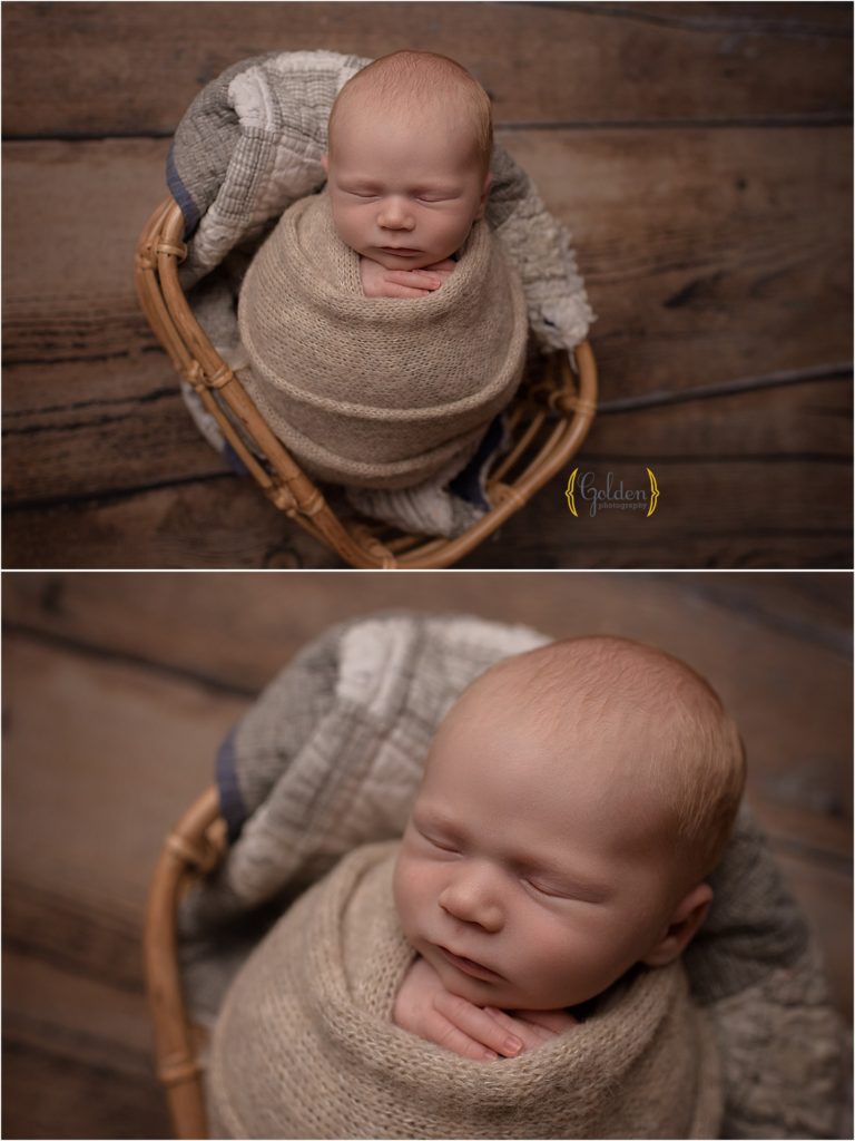baby boy swaddled in bask during newborn photo session near palatine IL