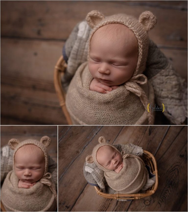 swaddled newborn with bear bonnet in Palatine IL studio