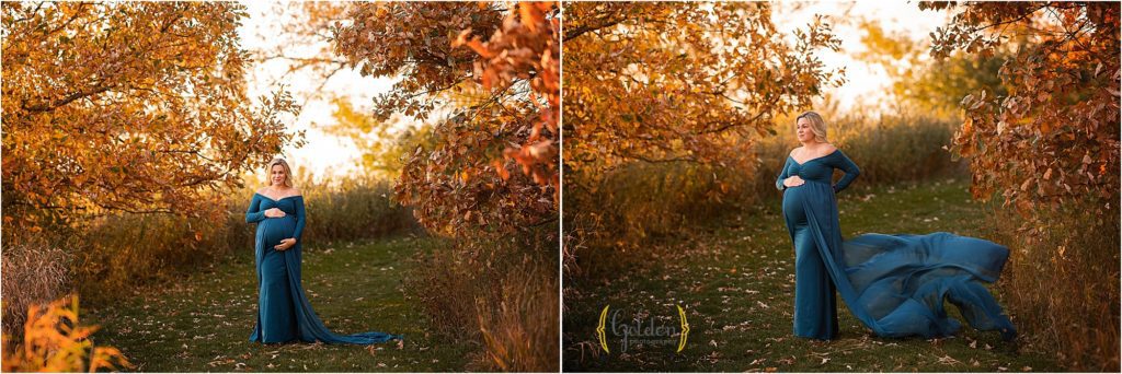 mom wearing blue dress for maternity photos outside Chicago IL