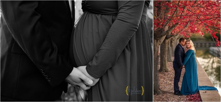 couple posed by red tree for maternity photos in Lake County IL