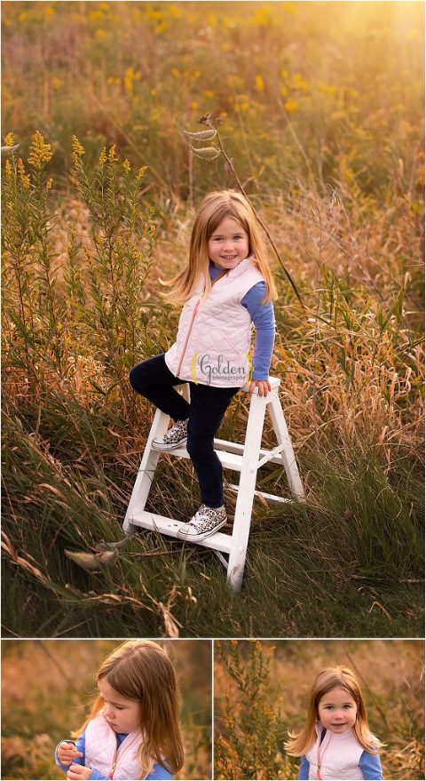 girl posing on ladder in Long Grove field for family portraits