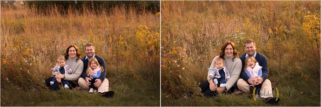 family sitting in Long Grove field during outdoor family photos