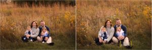 family sitting in Long Grove field during outdoor family photos