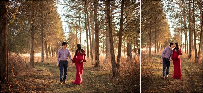 couple holding hands for outdoor maternity photos in Lake County IL