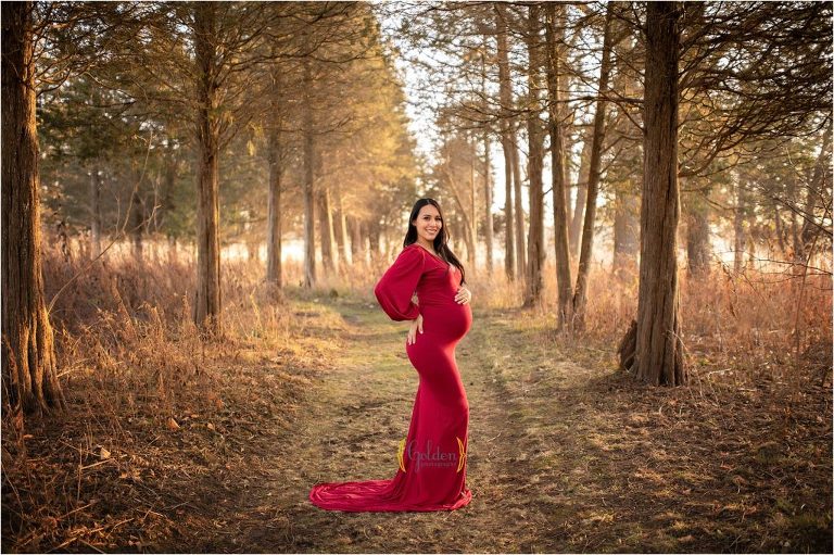 mom posing in red dress for maternity photography near Barrington IL