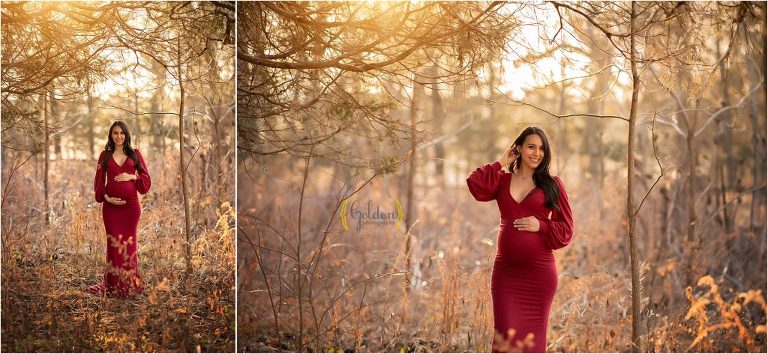 mom wearing red dress for maternity photoshoot near Deer Park IL