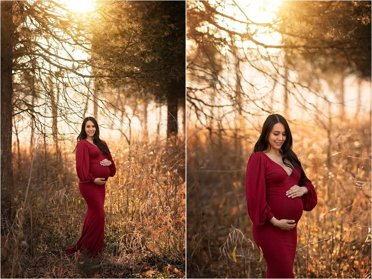 mom wearing red dress and holding pregnant maternity belly