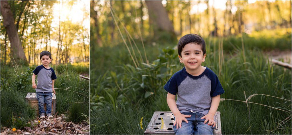 little boy sitting on crate in Lake County preserve