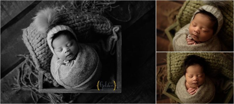 swaddled baby posed in a crate with newborn photographer Mt. Prospect IL