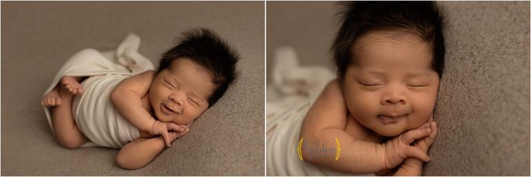 wrapped baby sleeping during photo session in Mt. prospect photo studio