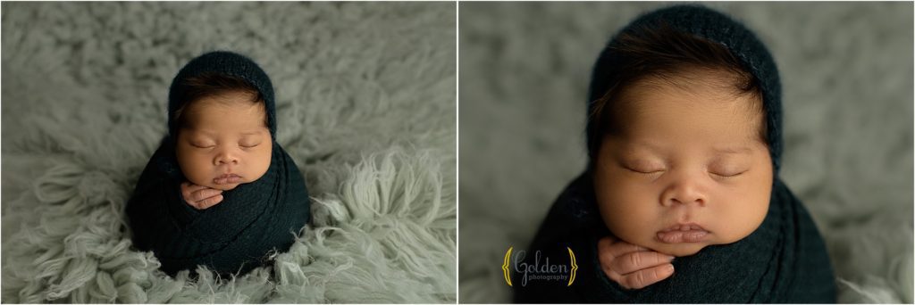 newborn boy swaddled on blue rug for newborn photos near Barrington IL
