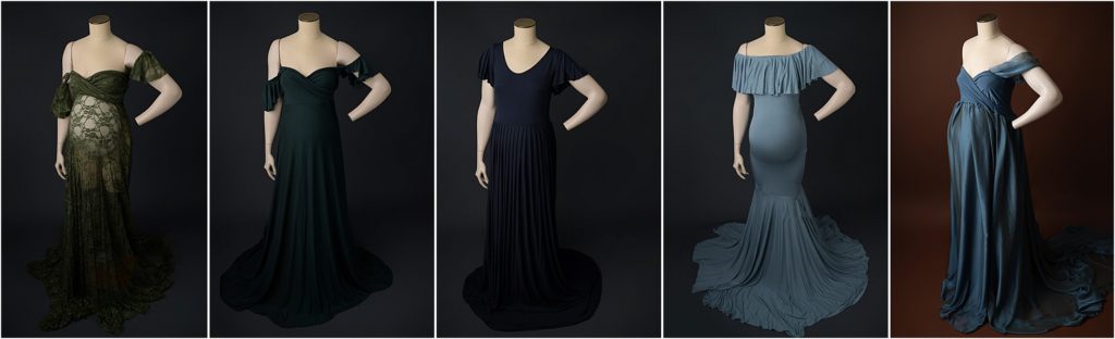 various maternity dresses in shades of blue