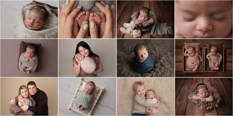 collage of posed newborn baby photos from Lake Zurich newborn photographer
