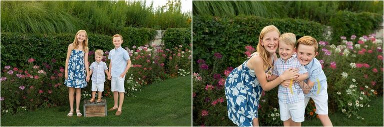 three kids standing in front of flowers at Biltmore Country Club in Illinois